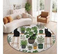 Tapis Rond Salon Moderne Nature Lavable en Machine 60 cm Vert | Chat Plante Verte Pot Fleurs Monstera Tabouret Bar Poils Courts et Dos Antidérapant pour Chambre Cuisine Facile à Entretenir