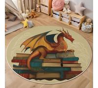 Tapis Rond Salon Motif Dragon Style Rétro Tapis De Sol Décoration Antidérapant pour Salon Chambre Cuisine Balcon Terrasse Salle À Manger Intérieur (120 Cm, Beige)