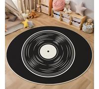 Tapis Rond Salon Musique Disques Vinyles, Tapis de Sol Style Minimaliste Plat Décoration Antidérapant Lavable Noir Blanc, pour Chambre Cuisine Balcon Terrasse Salle à Manger Intérieur 100cm