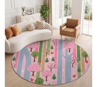 Tapis Rond Salon Nature Cartoon Lavable en Machine 200 cm Rose | Printemps Forêt Arbre Fleuri Lapin Écureuil Poils Courts et Dos Antidérapant pour Chambre Cuisine Bureau Facile à Entretenir