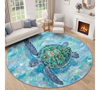 Tapis Rond Salon Naturel Animaux Lavable en Machine 60 cm Bleu | Aquarelle Tortue Marine Océan Motifs Ondulés Gouttes D'Eau Poils Courts et Dos Antidérapant pour Bureau Facile à Entretenir