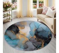 Tapis Rond Salon, Peinture Abstraite À L'Encre Imprimer Tapis de Sol Décoration Antidérapant pour Chambre Salon Cuisine Balcon Terrasse Salle à Manger Intérieur, 200 cm Bleu Feuille d'or Dégradé