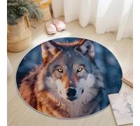 Tapis Rond Salon Photographie Loup Animaux Neige Marron Bleu Thème Imprimé, Lavable en Machine Tapis de Sol Antidérapant pour Salon Chambre Cuisine Balcon Terrasse Salle à Manger Intérieur, 60 cm