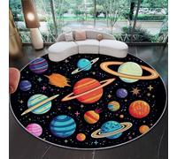 Tapis Rond Salon, Planètes du système Solaire en Dessins animés Tapis de Sol Décoration Antidérapant Couleur Noir pour Chambre Cuisine Balcon Terrasse Extérieur 180 cm (Round)