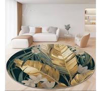 Tapis Rond Salon, Plantes Feuilles De Bananier Dorées Fleurs modèle Tapis Rond Antidérapant pour Décoration, pour Chambre Cuisine Balcon Terrasse Salon Salle à Manger Intérieur (120 cm, Vert)