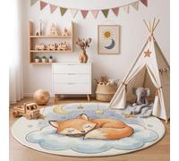 Tapis Rond Salon Renard Mignon À L'Aquarelle 100 Cm Lavable en Machine Cuisine Rug | Dessins Animés Étoiles Nuages Tapis Rond Antidérapant Bleu Clair Moquette pour Salle A Manger Descente De Lit