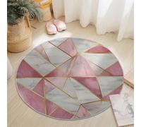 Tapis Rond Salon Rose Blanc, Géométrique Triangle Lignes Marbre Imprime Tapis de Sol Décoration Antidérapant pour Salon Chambre Cuisine Terrasse Salle à Manger Intérieur & Extérieur 60 cm