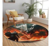 Tapis Rond Salon Style Cinéma Chevalier Dragon Flamme Rouge Gris Imprimé, Lavable en Machine Tapis de Sol Décoration Antidérapant pour Salon Chambre Cuisine Balcon Terrasse Salle à Manger, 200 cm