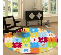 Tapis Rond Salon Style Dessin Animé, Lettres Colorées Géométrie Tapis de Sol Décoration Antidérapant Coureur 150 cm - pour Chambre Cuisine Balcon Terrasse Salon Salle à Manger Intérieur Extérieur