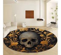 Tapis Rond Salon Style Luxe Sombre Imprimé 160 cm, Tapis de Sol Décoration Antidérapant Rond Crâne Mandala Noir Et Doré en Relief pour Chambre Cuisine Balcon Salle à Manger Intérieur Extérieur