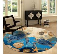 Tapis Rond Salon Style Shabby Chic, Coquillages Tortues Tapis de Sol Décoration Antidérapant Coureur 90 cm - pour Chambre Cuisine Balcon Terrasse Salon Salle à Manger Intérieur Extérieur