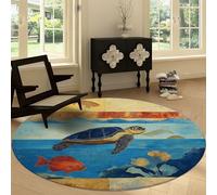 Tapis Rond Salon Style Shabby Chic, Océan Tortues Tapis de Sol Décoration Antidérapant Coureur 100 cm - pour Chambre Cuisine Balcon Terrasse Salon Salle à Manger Intérieur Extérieur