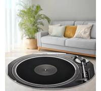 Tapis Rond Salon, Technologie des Tourne-disques rétro Tapis de Sol Décoration Antidérapant Noir Argent pour Chambre Cuisine Balcon Terrasse Salle à Manger Intérieur Extérieur 100 cm (Round)