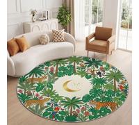 Tapis Rond Salon Tropical Jungle Leopard Tigre Oiseaux Palmes Vert Doux Poil Ras Tapis de Sol Antidérapant pour Salon Chambre Cuisine Salle à Manger 90 cm