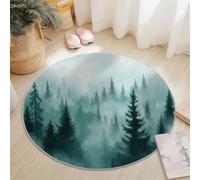 Tapis Rond Salon Turquoise Blanc, Nature Aquarelle Paysage forestier Nuages et brume Imprime Tapis de Sol Décoration Antidérapant pour Salon Chambre Cuisine Salle à Manger Intérieur & Extérieur 120 cm