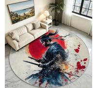 Tapis Rond Samouraï Katana Japonais, Poils Ras Lavable Salon 100 cm | Guerrier Samouraï et Soleil Rouge Ton Beige, Douceur Confortable Sécurisée, Lavable en Machine, Parfait Chambre Ado et Manga