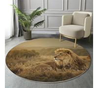 Tapis Rond Scène Animalière De La Savane Salon Classic Shaggy Chambre Lion Majestueux Poils Ras Antidérapant Fluffy pour Rugs (60cm, Kaki)