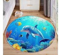 Tapis Rond Scènes sous-Marines Océaniques Salon Classic Shaggy Chambre Dauphins Récifs Coralliens Motifs Poissons Poils Ras Antidérapant Fluffy pour Rugs (200Cm, Bleu)