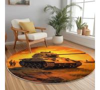 Tapis Rond Shaggy Lavable 60 Cm - Moelleux Et Antidérapant Tapis Rond, Militaire Chars Soldats Jaune pour Salon, Couloir, Salle D'Étude, Bureau, Décorations Intérieures