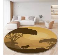 Tapis Rond Shaggy Lavable 60 Cm - Moelleux Et Antidérapant Tapis Rond, Nature Afrique Lion Jaune pour Salon, Couloir, Salle D'Étude, Bureau, Décorations Intérieures
