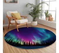 Tapis Rond Shaggy Lavable Magnifique Aurore boréale Rêve Forêt de pins - Moelleux et Antidérapant Pare-humidité Tapis Rond, 180 cm pour Salon Couloir Salle D'étude Décorations Intérieures