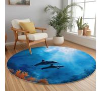 Tapis Rond Shaggy Lavable Monde sous-Marin Bleu Dauphins Aquarelle - Moelleux et Antidérapant Pare-humidité Tapis Rond, 150 cm pour Salon Couloir Salle D'étude Décorations Intérieures