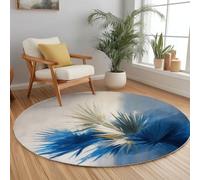 Tapis Rond Shaggy Lavable Peinture à l'huile Feuilles de Palmier Bleues - Moelleux et Antidérapant Pare-humidité Tapis Rond, 150 cm pour Salon Couloir Salle D'étude Décorations Intérieures