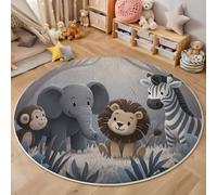 Tapis Rond Singes Éléphants Lions pour Salon Et Chambre à Coucher Animaux Mignons De La Forêt Tapis Lavable Doux Tapeto pour Chambre d'enfants Salle De Jeux (60cm, Gris)