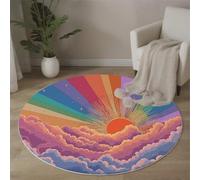 Tapis Rond Soleil Rayé Arc-En-Ciel 80 Cm, Lavable En Machine Pour Salon, Ne Perd Pas Ses Poils, Antidérapant | Tapis Mer De Nuages Onirique Pour Chambre À Coucher Chambre D'Enfant, Bleu Orangé
