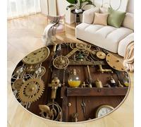 Tapis Rond Steampunk Tapis à Poil Court Rivets Et Boulons Mécaniques Antidérapant, Lavable pour Chambre à Coucher, Salle à Manger, Dortoir, Descente de lit Decoration, 160cm, Brun