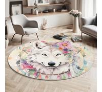 Tapis Rond Style Aquarelle Tapis à Poil Court Attrape-Rêves Loup Blanc Antidérapant, Lavable pour Chambre à Coucher, Salle à Manger, Dortoir, Descente de lit Decoration, 160cm, Vert Clair