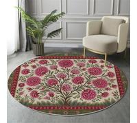 Tapis Rond Style Artistique Traditionnel Indien Salon, Tapis de Sol Décoration Imprimé Arbres en Fleurs, Doux Machine Antidérapant Rose Moquette, pour Salle à Manger Chambre d’Enfant Nurserie 160cm