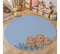 Tapis Rond, Style de Dessin des Enfants Fleurs de Capybara, pour Salon, Salle à Manger ou Chambre d'enfant,Tapis Doux et Moelleux pour la Chambre à Coucher(Bleu,120cm)