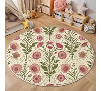 Tapis Rond Style d'impression Indien Salon, Fleurs Feuilles Vertes Imprimé Vert Sauge Tapis de Sol Décoration Antidérapant pour Salon Chambre Cuisine Balcon Terrasse Salle à Manger Intérieur 160cm