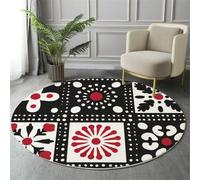 Tapis Rond Style Ethnique Minimaliste 60cm, Lavable Machine Poil Bas Rouge Noir Moquette, Doux Antidérapante Géométrie Fleurs Imprimé Tapis, pour Salon Chambre Cuisine Nursery Bureau