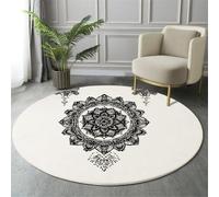 Tapis Rond Style Géométrique Traditionnel Salon, Tapis de Sol Décoration Imprimé Mandala Indien, Doux Machine Antidérapant Noir Blanc Moquette, pour Salle à Manger Chambre d’Enfant Nurserie 160cm