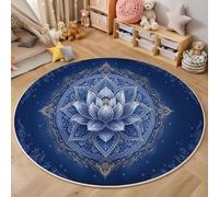 Tapis Rond Style Indien Traditionnel 160cm, Lavable Machine Poil Bas Bleu Moquette, Doux Antidérapante Mandala Lotus Géométrie Imprimé Tapis, pour Salon Chambre Cuisine Nursery Bureau