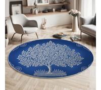 Tapis Rond Style Indien Traditionnel Salon, Tapis de Sol Décoration Imprimé Arbre Décoratif Feuilles, Doux Machine Antidérapant Bleu Blanc Moquette, pour Salle à Manger Chambre d’Enfant Nurserie 160cm