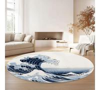 Tapis Rond Style Japonais Vagues Mont Fuji Lavable Antidérapant Doux pour Salon, Chambre Ou Bureau - Tapis Moderne Décoratif Bleu À Poils Courts, Confortable Et Durable