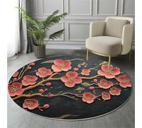 Tapis Rond Style Relief 3D Salon Classic Shaggy Chambre Fleur De Prunier Rose Poils Ras Antidérapant Fluffy pour Rugs (200cm, Rouge Clair)