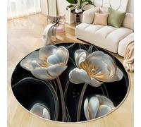Tapis Rond Style Relief 3D Salon Classic Shaggy Chambre Pétales De Tulipe Blancs Poils Ras Antidérapant Fluffy pour Rugs (140cm, Noir)
