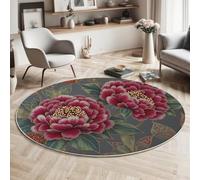 Tapis Rond Superbe Motif Floral Salon Classic Shaggy Chambre Pivoine Texture De Feuilles Vertes Poils Ras Antidérapant Fluffy pour Rugs (120cm, Rose)