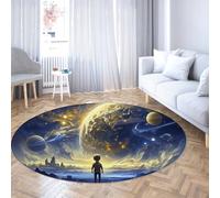 Tapis Rond sur Le thème de la Science-Fiction Mystérieux Bleu étoilé planète scène Tapis Cercle Lavable à Poils Ras pour garçons Décor de Chambre d’Adolescent 150cm