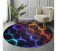 Tapis Rond Technologies du Futur Salon Lavable en Machine, Noir Tapis de Sol Décoration Géométrie Hexagone Facile À Nettoyer Antidérapant, pour Salon Chambre Balcon Terrasse 180cm