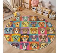 Tapis Rond Thème des Dessins Animés des Animaux De Compagnie, Tapis Imprimé Chiot Carré Doux Antidérapant, Rug Multicolore Interieur Flanelle Lavable en Machine, pour Salon Chambre Balcon 90cm
