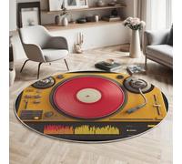 Tapis Rond Thème Musical Rétro - Lavable en Machine - Tourne-Disque - pour Salon, Chambre à Coucher, Salle de Bain - - Jaune - 140cm