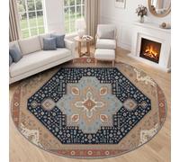 Tapis Rond Tradition Orientale Lavable pour Salon 90 cm Rouge Brique | Poils courts antidérapant, pour chambre cuisine bureau, Motif Géométrique Ethnique Rétro Forme Losange facile à entretenir