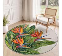 Tapis Rond Tropical Botanique 60 cm, Oiseau De Paradis Feuilles Fleurs Lavable en Machine pour Salon, Orange Vert Antidérapant, Poil Court Tapis Rond Imprimé pour Chambre d’Enfant Nurserie