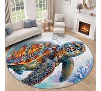 Tapis Rond Tropical Naturel, Tapis Antidérapant De Salon Salle À Manger Chambre Cuisine, Lavable Interieur Décoration Design Mer Animal Tortue, Cyan Bleu Poil Court Doux 120 cm