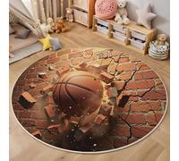 Tapis Rond Un Ballon De Basket-Ball Traverse Un Mur De Briques Pour Chambre à Coucher, Effets Visuels 3D Tapis Rond Antidérapant Poils Ras Et Doux Pour Chambre à Coucher Cuisine Salon Maison 80cm